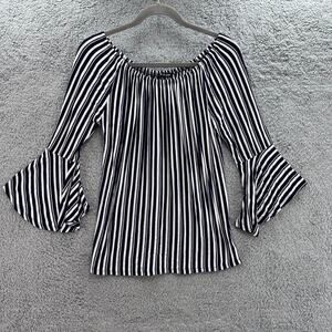 Cable & Gauge Small Blue White Striped Shirt‎ Nautical Flounce Sleeves Flowy
